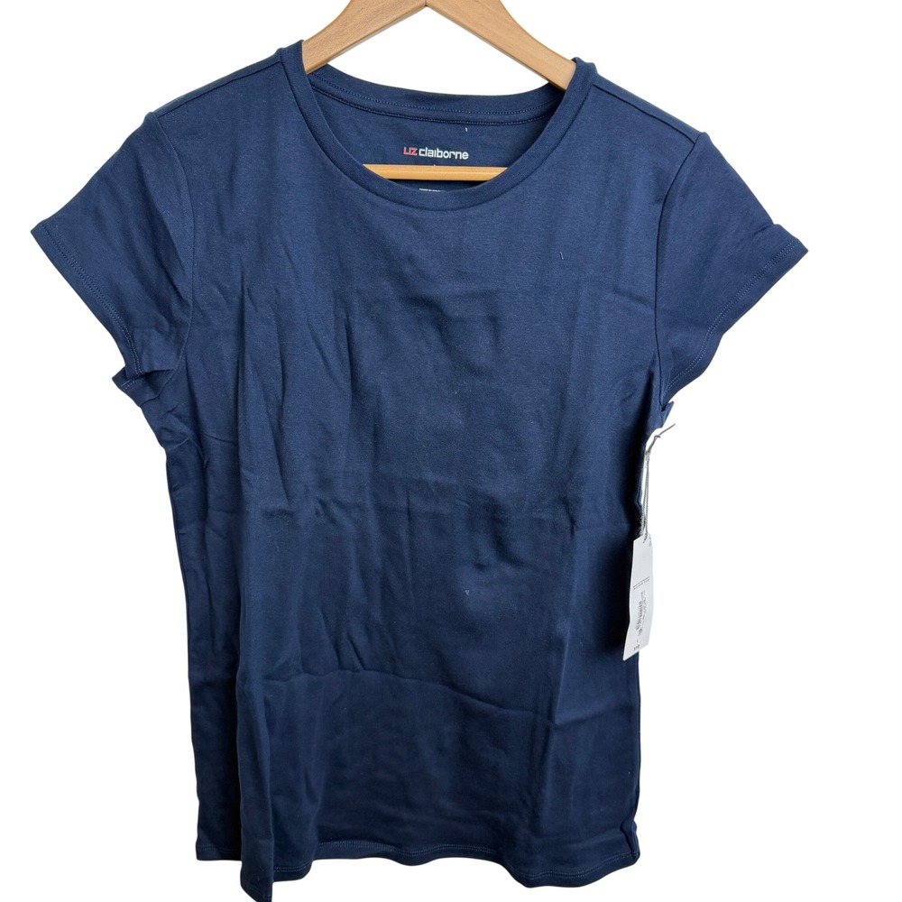 Liz Claiborne Tee Women L Navy Blue Cotton Crew Classic Travel Layering‎ Y2K 90s